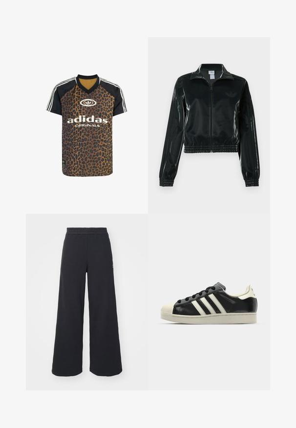 Musta kiiltävä lyhyt takki vetoketjulla, korkealla kauluksella ja joustavalla helmalla. Hihoissa on kolme raitaa ja rinnassa pieni logo.; adidas Originals LEO PRINT SATIN - Printtipaita - multicolor bronze strata; Mustat leveät collegehousut, jotka on valmistettu pehmeästä kankaasta. Niissä on elastinen vyötärö ja pieni logo vasemmalla puolella.; Musta nahkasneakeri, jossa on valkoiset raidat, kuminen varvassuoja, mustat nauhat ja kermaisa ulkopohja. Suora pinta ja kiiltävä viimeistely.