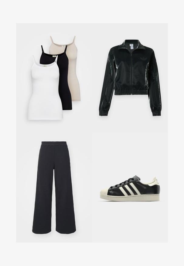 Jachetă neagră lucioasă, scurtă, cu fermoar frontal, guler înalt și tiv elastic. Are trei dungi pe mâneci și un mic logo pe piept.; Trei topuri de damă cu bretele subțiri, disponibile în culorile alb, negru și bej. Realizate din bumbac fin, au un design ajustat.; Pantaloni de trening negri, cu picioare largi, confecționați dintr-un material moale, având un talie elastică și un logo mic pe partea stângă.; Sneaker din piele neagră cu dungi albe, vârf din cauciuc, șireturi negre și talpă de culoare crem. Textură netedă cu finisaj strălucitor.