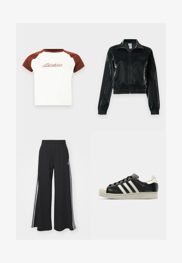 Black glossy cropped jacket with a zip front, high collar, and elasticized hem. Features three stripes on sleeves and a small logo on the chest.; Short-sleeve t-shirt with a white body and brown raglan sleeves. Features "Dickies" in stylized stitching across the chest. Smooth texture.; Black wide-leg sweatpants with an elastic waistband, featuring white side stripes and an embroidered logo on the left thigh.; Black leather sneaker with white stripes, rubber toe cap, black laces, and a cream-colored outsole. Smooth texture with shiny finish.