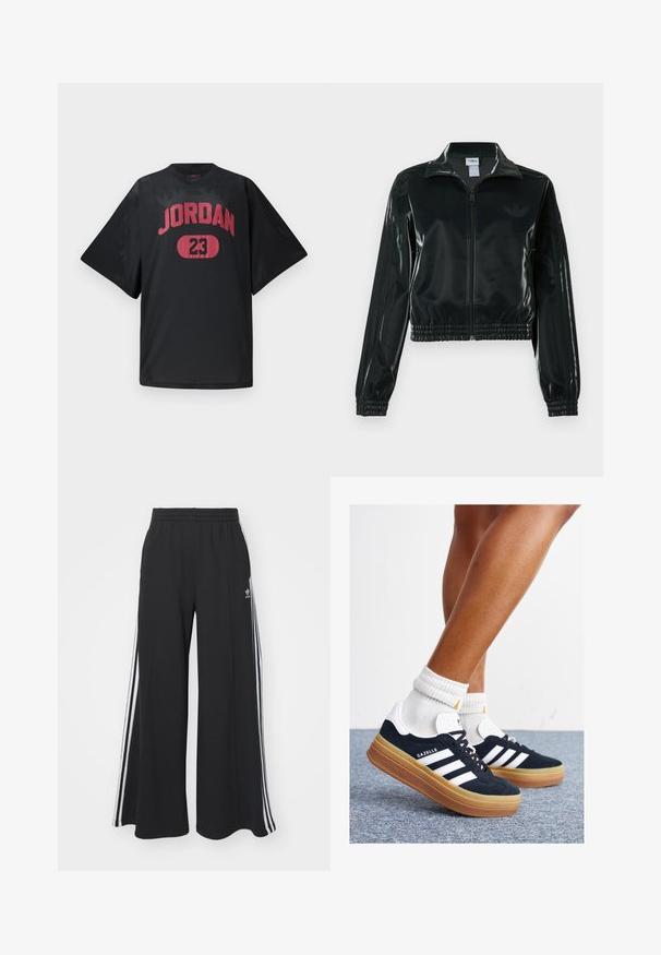 Black glossy cropped jacket with a zip front, high collar, and elasticized hem. Features three stripes on sleeves and a small logo on the chest.; Black mesh jersey featuring the text "JORDAN" in bold red and the number "23" in a red oval. Loose fit with short sleeves.; Black wide-leg sweatpants with an elastic waistband, featuring white side stripes and an embroidered logo on the left thigh.; Black suede sneakers with white stripes and accents, rounded toe, gum rubber outsole, paired with white ribbed crew socks.