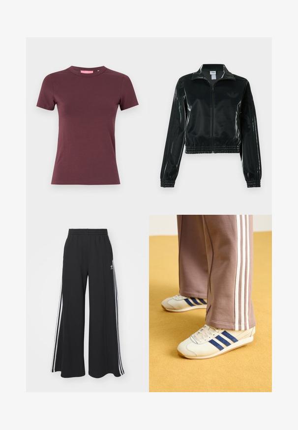 Giacca nera lucida corta con zip frontale, colletto alto e orlo elasticizzato. Presenta tre strisce sulle maniche e un piccolo logo sul petto.; JJXX GIGI TEE - T-shirt basic - sassafras; Pantaloni in felpa neri a gamba larga con vita elastica, dotati di strisce bianche sui lati e un logo ricamato sulla coscia sinistra.; Sneakers crema con strisce in suede blu, lacci bianchi e suola in gomma. Abbinati a pantaloni sportivi grigi con strisce laterali bianche.