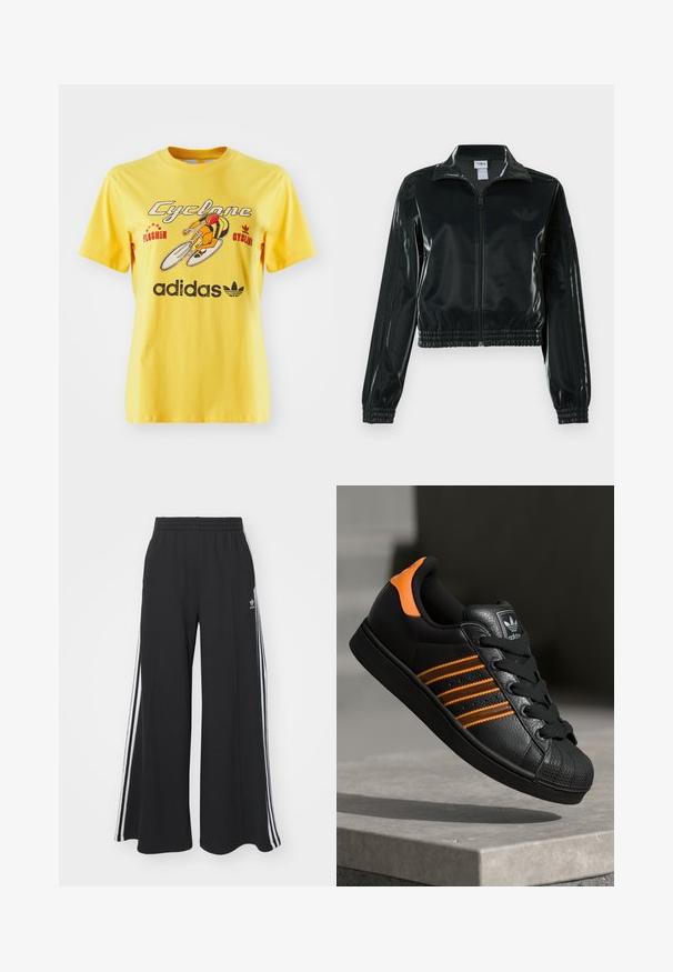 Casaco curto preto brilhante com fecho de correr frontal, gola alta e bainha elástica. Apresenta três riscas nas mangas e um pequeno logotipo no peito.; T-shirt amarela de algodão com um gráfico de bicicleta, texto "Cyclone" e o logótipo da Adidas exibido em destaque na parte inferior. Mangas curtas.; Calças de suor largas e pretas com uma cintura elástica, apresentando riscas brancas nas laterais e um logótipo bordado na coxa esquerda.; Sapatilha preta com detalhes laranja, três riscas horizontais, parte superior em couro texturizado, bico de borracha e atacadores pretos.