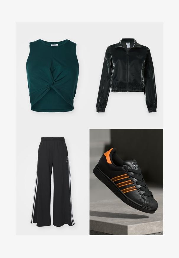 Sort blank cropped jakke med glidelås foran, høy krage og elastisk nederkant. Har tre striper på ermene og en liten logo på brystet.; Noisy May NMTWIGGI - Topper - ponderosa pine; Svart vide joggebukser med elastisk midjebånd, med hvite sidestriper og brodert logo på venstre lår.; Svart sneaker med oransje detaljer, tre horisontale striper, teksturert skinnoverdel, gummitå, og svarte lisser.