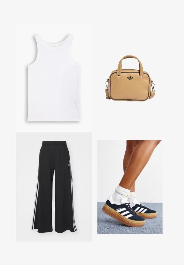 Black glossy cropped jacket with a zip front, high collar, and elasticized hem. Features three stripes on sleeves and a small logo on the chest.; White cotton tank top with wide shoulder straps, a round neckline, and a smooth, ribbed texture. No patterns or accents present.; Black wide-leg sweatpants with an elastic waistband, featuring white side stripes and an embroidered logo on the left thigh.; Black suede sneakers with white stripes and accents, rounded toe, gum rubber outsole, paired with white ribbed crew socks.; Tan vegan leather bag with two handles, detachable shoulder strap, black accent stitching, and a small black logo on the front.