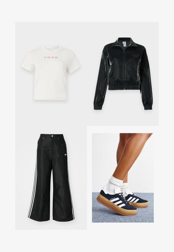 Čierna lesklá skrátená bunda so zipsom vpredu, vysokým golierom a elastickým lemom. Rukávy zdobia tri pruhy a na hrudi je malý logo.; Biely bavlnený tričko s krátkymi rukávmi a okrúhlym výstrihom, s ružovým logom "roxy" potlačeným vpredu. Štandardný strih.; Čierne džínsy s širokým strihom, s tromi bielymi pruhmi po stranách a malým bielym logom. Obsahujú predné vrecká a zapínanie na gombík.; Čierne semišové tenisky s bielymi pruhmi a detailmi, so zaoblenou špičkou, podrážkou z gumovej gumy, doplnené bielymi rebrovanými ponožkami.