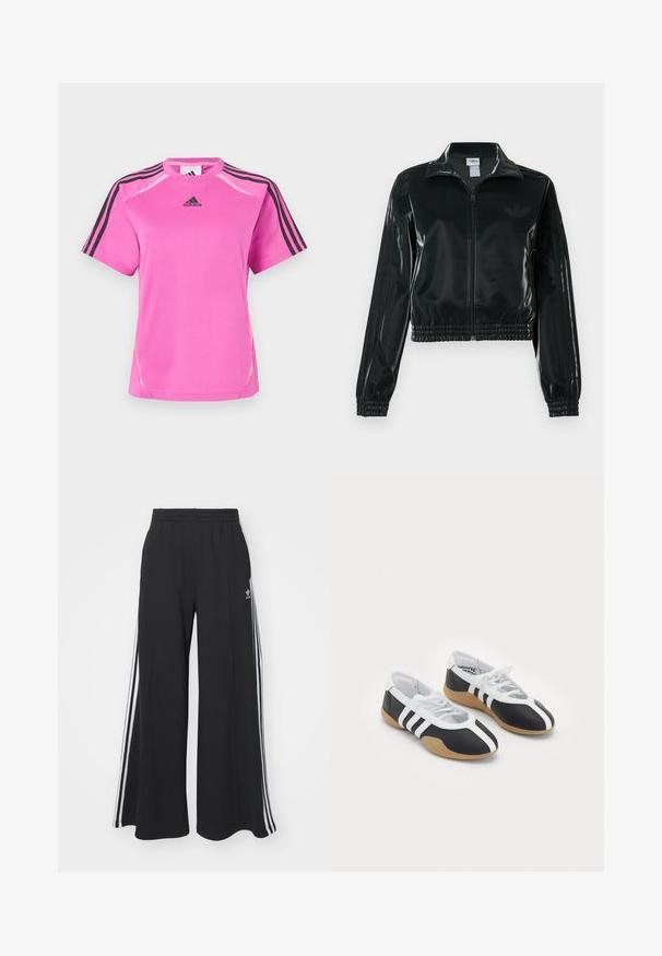 Sort blank cropped jakke med glidelås foran, høy krage og elastisk nederkant. Har tre striper på ermene og en liten logo på brystet.; Lyse rosa Adidas sport T-skjorte med svart tre-stripesdetalj på ermene og svart Adidas-logo på brystet.; Svart vide joggebukser med elastisk midjebånd, med hvite sidestriper og brodert logo på venstre lår.; Sorte og hvite sportssko med et elegant design, gummisåle, snøring og tre hvite striper på sidene.
