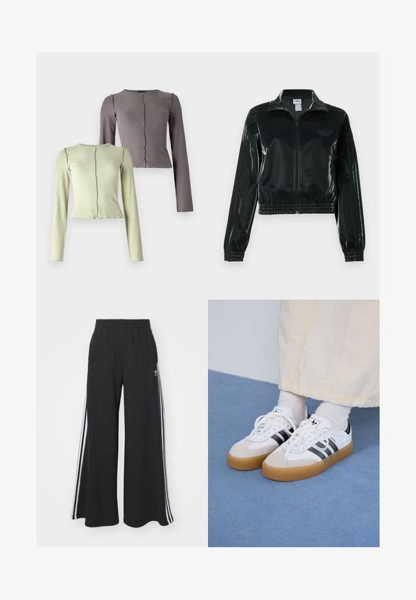 Zwarte glanzende cropped jas met een ritssluiting aan de voorkant, hoge kraag en elastische zoom. Voorzien van drie strepen op de mouwen en een klein logo op de borst.; Set van twee langslavige, geribbelde tops in lichtgroen en donkergrijs. Beide hebben een ronde halslijn en een subtiele golvende zoomafwerking.; Zwarte wijde sweatpants met een elastische tailleband, met witte zijstrepen en een geborduurd logo op de linker dij.; Witte sneakers met zwarte strepen en beige suède accenten. Voorzien van een gestructureerde gumzool en platte witte veters, gedragen met lichtgekleurde sokken.