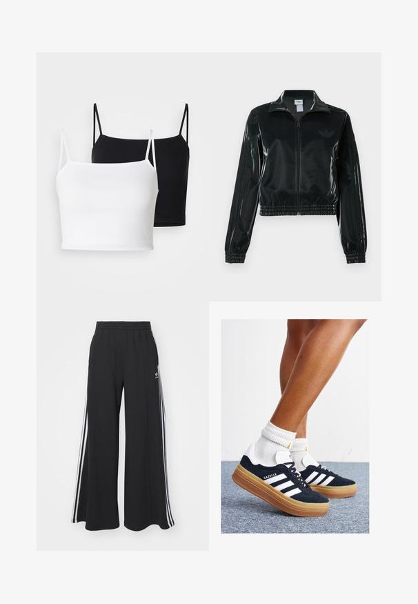 Svart glansig kort jacka med dragkedja framtill, hög krage och elastisk nederkant. Har tre ränder på ärmarna och en liten logga på bröstet.; Två ribbade linnen i vitt och svart, med tunna justerbara band och en kortad design. Mjukt tyg med en slät yta.; Svarta vida sweatpants med elastisk midje, med vita sidosträck och en broderad logotyp på vänster lår.; Svarta sneakers i mocka med vita ränder och detaljer, rundad tå, yttersula i gummiblandning, kombinerade med vita ribbade crew-strumpor.
