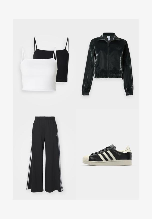 Giacca nera lucida corta con zip frontale, colletto alto e orlo elasticizzato. Presenta tre strisce sulle maniche e un piccolo logo sul petto.; Due top a costine in bianco e nero, con spalline sottili regolabili e design cropped. Tessuto morbido con una texture liscia.; Pantaloni in felpa neri a gamba larga con vita elastica, dotati di strisce bianche sui lati e un logo ricamato sulla coscia sinistra.; Sneaker in pelle nera con strisce bianche, punta in gomma, lacci neri e suola di colore crema. Texture liscia con finitura brillante.