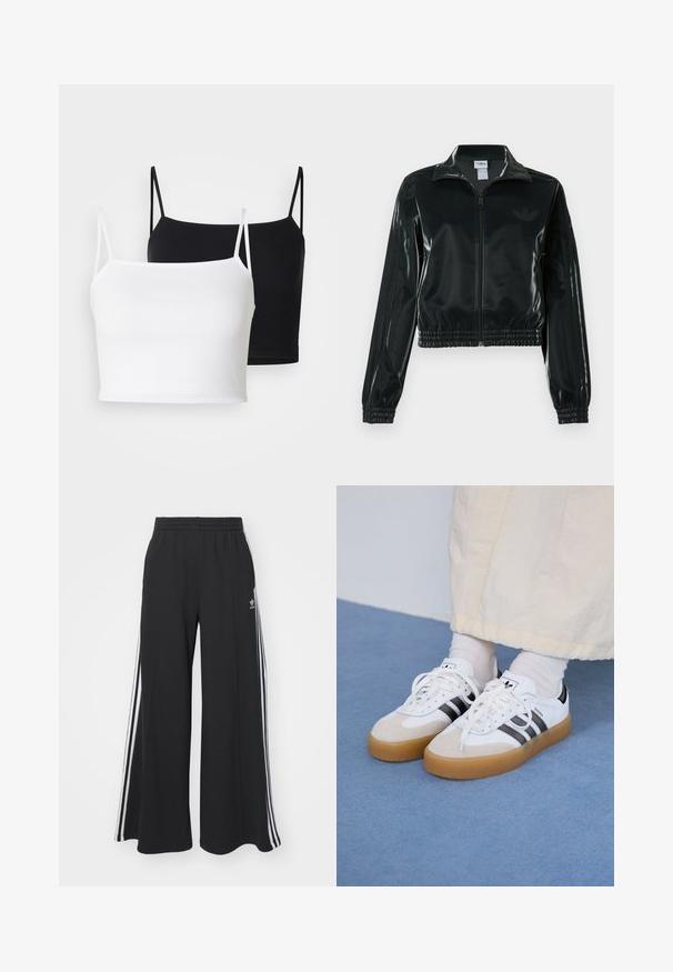 Schwarze glänzende, kurz geschnittene Jacke mit Reißverschluss vorne, hohem Kragen und elastischem Saum. Verfügt über drei Streifen an den Ärmeln und ein kleines Logo auf der Brust.; Zwei gerippte Trägershirts in Weiß und Schwarz, mit dünnen verstellbaren Trägern und einem kurzen Schnitt. Weicher Stoff mit glatter Textur.; Schwarze weite Sweatpants mit elastischem Bund, versehen mit weißen Seitestreifen und einem gestickten Logo auf dem linken Oberschenkel.; Weiße Sneaker mit schwarzen Streifen und beigen Wildlederakzenten. Besitzen eine strukturierte Gummisohle und flache weiße Schnürsenkel, getragen mit hellen Socken.