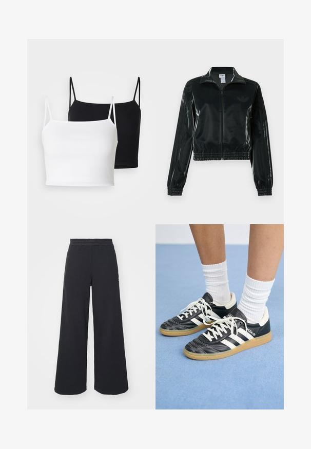Black glossy cropped jacket with a zip front, high collar, and elasticized hem. Features three stripes on sleeves and a small logo on the chest.; Two ribbed camisoles in white and black, featuring thin adjustable straps and a cropped design. Soft fabric with a smooth texture.; Black wide-leg sweatpants made from soft fabric, featuring an elastic waistband and a small logo on the left side.; Black leather sneakers with white stripes, round toe, white laces, and gum rubber sole. Accentuated by padded collar and branding details.