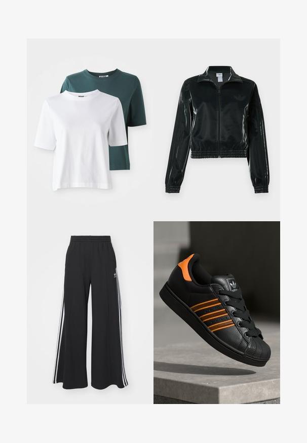 Black glossy cropped jacket with a zip front, high collar, and elasticized hem. Features three stripes on sleeves and a small logo on the chest.; Two short-sleeve t-shirts: one white and one dark teal. Both have a round neckline and a soft, cotton texture. Brand label visible on the neck.; Black wide-leg sweatpants with an elastic waistband, featuring white side stripes and an embroidered logo on the left thigh.; Black sneaker with orange accents, three horizontal stripes, textured leather upper, rubber toe cap, and black laces.