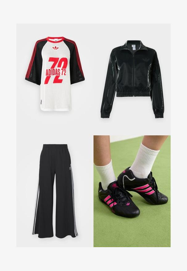 Sort blank cropped jakke med glidelås foran, høy krage og elastisk nederkant. Har tre striper på ermene og en liten logo på brystet.; Kortermet mesh sportstrøye med svarte ermer, røde striper, rød "72 ADIDAS" tekst og rødt Adidas-logo på hvit frontpanel.; Svart vide joggebukser med elastisk midjebånd, med hvite sidestriper og brodert logo på venstre lår.; Sorte sportsko med tre rosa striper, teksturert læroverdel, svarte snører og logodetalj, sammen med hvite ribbestrikkede sokker på grønt underlag.