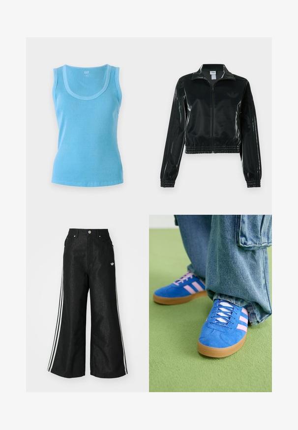 Schwarze glänzende, kurz geschnittene Jacke mit Reißverschluss vorne, hohem Kragen und elastischem Saum. Verfügt über drei Streifen an den Ärmeln und ein kleines Logo auf der Brust.; Helles blaues Rippen-Top mit einem runden Ausschnitt und ärmellosem Design. Aus Strickstoff gefertigt, mit einer figurbetonten Silhouette und sauberem Saum.; Schwarze, weit geschnittene Jeans mit drei weißen Streifen an jeder Seite und einem kleinen weißen Logo. Mit vorderen Taschen und einem Knopfverschluss.; Blaue Wildlederschuhe mit rosa Streifen und weißen Schnürsenkeln, ausgestattet mit einer Gummisohle, kombiniert mit lockeren Jeanshosen auf einer grünen Fläche.