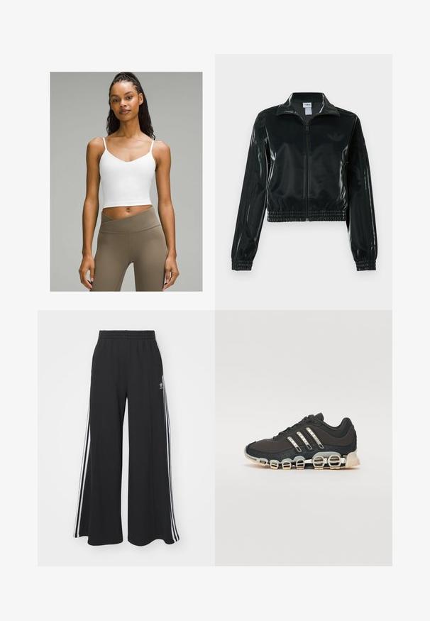 Melna spīdīga īsā jaka ar rāvējslēdzēja priekšpusi, augstu apkakli un elastīgu apakšu. Piedevas ir trīs svītras uz piedurknēm un neliels logotips uz krūtīm.; Balta īsā topa forma ar plānām siksnām, ar V veida kakla izgriezumu. Kombinēts ar augsta jostasvietas, gaiši brūniem legingiem. Gluda auduma tekstūra.; Melnas plašas sporta bikses ar elastīgu jostasvietu, kurām ir baltas sānu svītras un izšūts logo kreisajā augšstilbā.; Melna sporta apavi ar teksturētu augšdaļu, trim sudraba svītrām un atšķirīgu amortizācijas zoli, kas sastāv no vairākiem integrētiem sekvencēm.