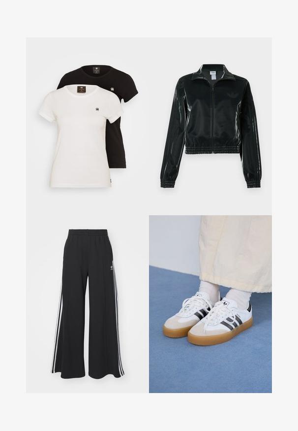 Must läikiv lühike jakk lukuga esiküljel, kõrge krae ja elastse äärega. Varrukatel on kolm triipu ja rinnal väike logo.; Kaks sinikat kerekraeaga t-särki, üks valge ja üks must. Valmistatud pehmest puuvillast, lühikeste varrukatega ja rinnal on väike logo.; Mustad laiad trenni püksid elastse vöökohtaga, millel on valged küljeribad ja tikitud logo vasakul reiel.; Valged tossud mustade triipudega ja beeži nahaga aktsentidega. Omavad tekstuuriga kummist talla ja lamedaid valgeid paelu, kantud heledate sokkidega.