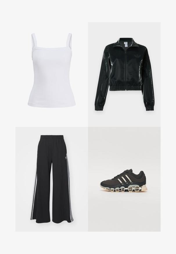 Must läikiv lühike jakk lukuga esiküljel, kõrge krae ja elastse äärega. Varrukatel on kolm triipu ja rinnal väike logo.; Valge ribadega tank top kitsaste õlavarrelde ja figuuri kumardava siluetti, valmistatud pehmest puuvillasegust kangast. Ilma mustrite või aktsentideta.; Mustad laiad trenni püksid elastse vöökohtaga, millel on valged küljeribad ja tikitud logo vasakul reiel.; Must have sportlik kingad musta värvi, millel on tekstuuriga pealisosa, kolm hõbedast triipu ja eristuv pehmendusnähtus, millel on mitmed integreeritud osad.