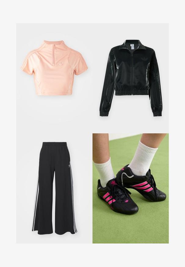 Must läikiv lühike jakk lukuga esiküljel, kõrge krae ja elastse äärega. Varrukatel on kolm triipu ja rinnal väike logo.; Roosa lühikeste varrukatega sporditop, millel on kõrge krae ja veerandipikkune tõmblukk. Õlgadel on kolm valget triipu ja rinnal logo.; Mustad laiad trenni püksid elastse vöökohtaga, millel on valged küljeribad ja tikitud logo vasakul reiel.; Mustad musta värvi spordijalatsid, millel on kolm roosat triipu, tekstureeritud nahkpealne, mustad paelad ja logo detail, koos valgete ribaga sokkidega rohelisel pinnal.