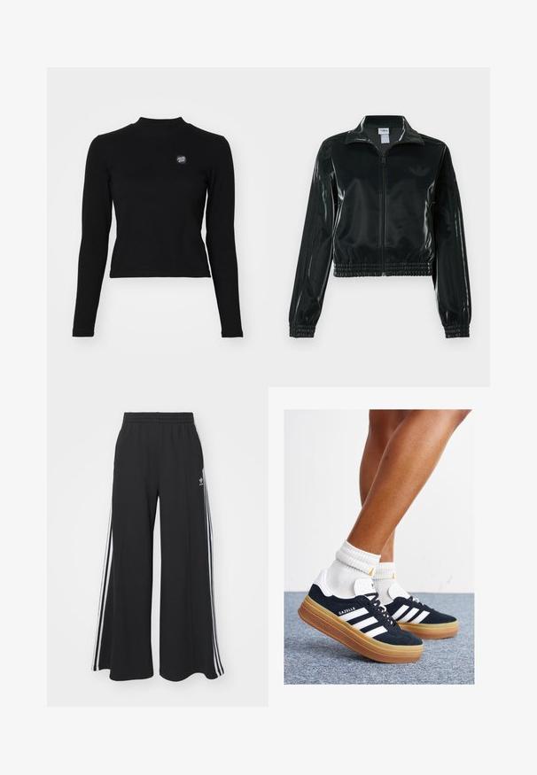 Sort blank cropped jakke med glidelås foran, høy krage og elastisk nederkant. Har tre striper på ermene og en liten logo på brystet.; Svart langermet topp med ribbestruktur, høy hals, og en liten brodert logo på venstre bryst. Har en tettsittende, cropped design.; Svart vide joggebukser med elastisk midjebånd, med hvite sidestriper og brodert logo på venstre lår.; Svarte sneakers i semsket skinn med hvite striper og detaljer, rund tå, yttersåle i gummigummi, kombinert med hvite ribbestrikkede crew-sokker.