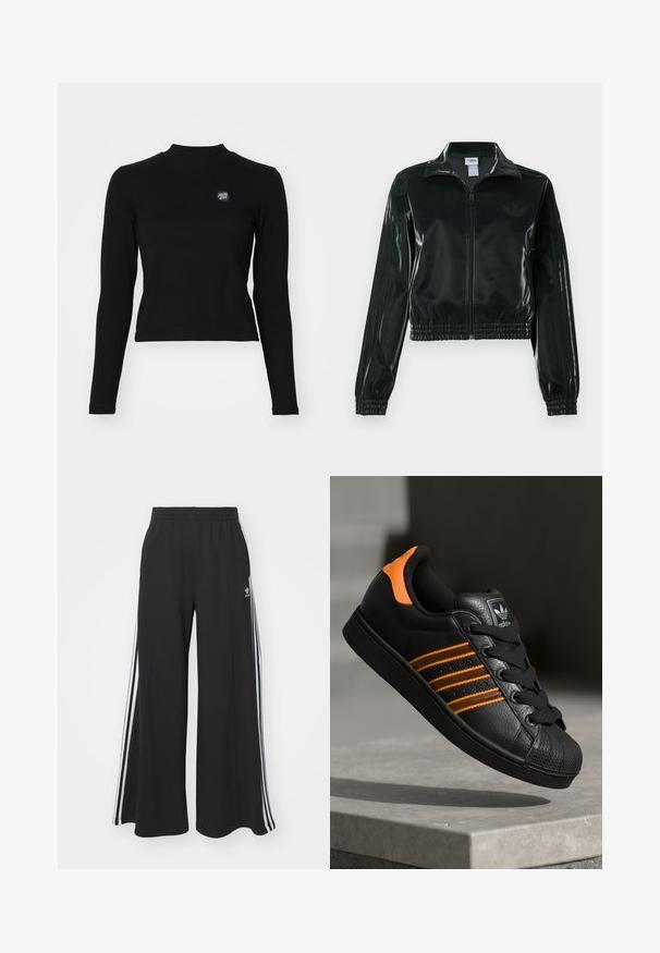 Casaco curto preto brilhante com fecho de correr frontal, gola alta e bainha elástica. Apresenta três riscas nas mangas e um pequeno logotipo no peito.; Top preto de mangas longas com textura canelada, decote alto e um pequeno logótipo bordado no lado esquerdo do peito. Apresenta um design ajustado e cropped.; Calças de suor largas e pretas com uma cintura elástica, apresentando riscas brancas nas laterais e um logótipo bordado na coxa esquerda.; Sapatilha preta com detalhes laranja, três riscas horizontais, parte superior em couro texturizado, bico de borracha e atacadores pretos.