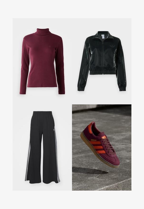 Black glossy cropped jacket with a zip front, high collar, and elasticized hem. Features three stripes on sleeves and a small logo on the chest.; Burgundy long-sleeve turtleneck sweater made of ribbed fabric, featuring a fitted design and a small logo embroidered on the front.; Black wide-leg sweatpants with an elastic waistband, featuring white side stripes and an embroidered logo on the left thigh.; Maroon suede sneaker with orange stripes and accents, brown laces, and a gum sole. Features a logo tab on the tongue.