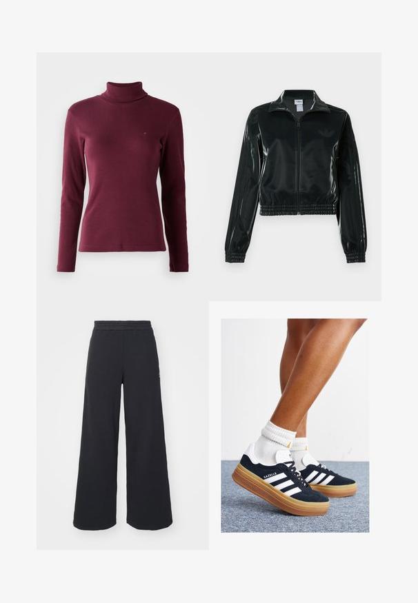 Black glossy cropped jacket with a zip front, high collar, and elasticized hem. Features three stripes on sleeves and a small logo on the chest.; Burgundy long-sleeve turtleneck sweater made of ribbed fabric, featuring a fitted design and a small logo embroidered on the front.; Black wide-leg sweatpants made from soft fabric, featuring an elastic waistband and a small logo on the left side.; Black suede sneakers with white stripes and accents, rounded toe, gum rubber outsole, paired with white ribbed crew socks.
