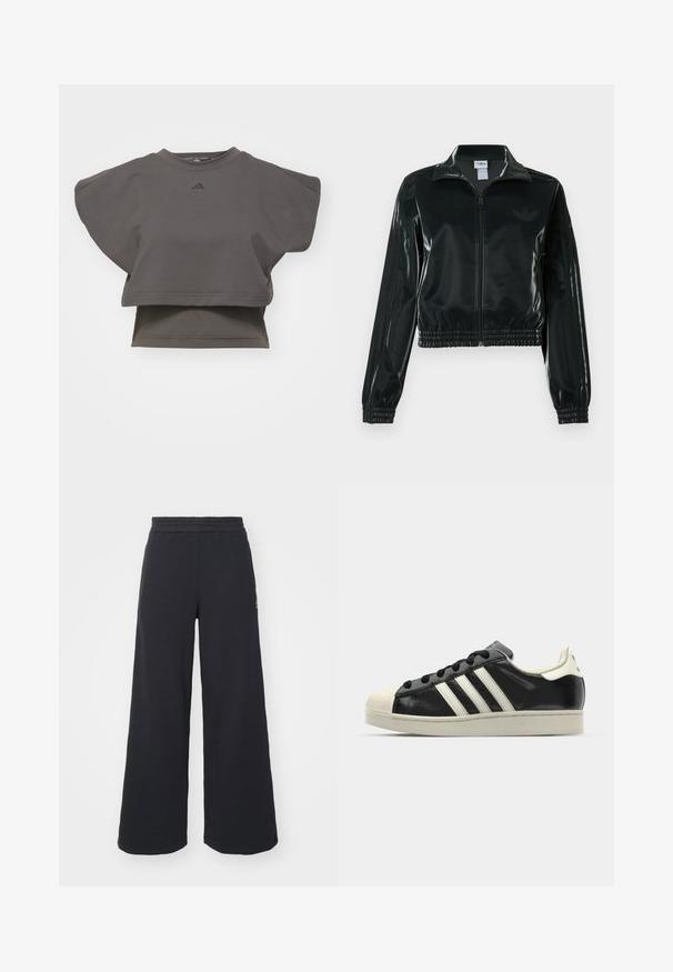 Chaqueta corta negra brillante con cremallera en el frente, cuello alto y dobladillo elástico. Presenta tres rayas en las mangas y un pequeño logo en el pecho.; adidas Performance POWER BOXY 3-STRIPES TANK - Camiseta deportiva - shadow olive; Pantalones de chándal negros de pierna ancha, hechos de una tela suave, con una cintura elástica y un pequeño logo en el lado izquierdo.; Zapatilla de cuero negro con rayas blancas, puntera de goma, cordones negros y suela color crema. Textura suave con acabado brillante.