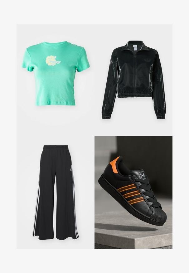 Casaco curto preto brilhante com fecho de correr frontal, gola alta e bainha elástica. Apresenta três riscas nas mangas e um pequeno logotipo no peito.; T-shirt curta em tecido azul claro com um design floral e o logo "ROXY" em branco e amarelo no centro da frente. Mangas curtas.; Calças de suor largas e pretas com uma cintura elástica, apresentando riscas brancas nas laterais e um logótipo bordado na coxa esquerda.; Sapatilha preta com detalhes laranja, três riscas horizontais, parte superior em couro texturizado, bico de borracha e atacadores pretos.