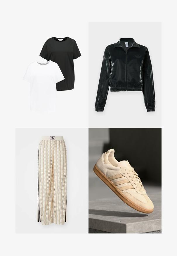 Veste courte noire brillante avec fermeture éclair à l'avant, col montant et ourlet élastiqué. Dotée de trois bandes sur les manches et d'un petit logo sur la poitrine.; Deux t-shirts à col rond en noir et blanc. Manches courtes, fabriqués en coton doux, avec une coupe droite et un ajustement décontracté.; Pantalons larges crème avec un motif en zigzag, dotés d'une ceinture logo noire et de bandes noires sur les côtés. Tissu léger et texturé.; Sneaker en suède beige clair avec semelle en gomme, trois rayures diagonales et un capuchon de pied texturé. Logo sur la languette et sur le côté.