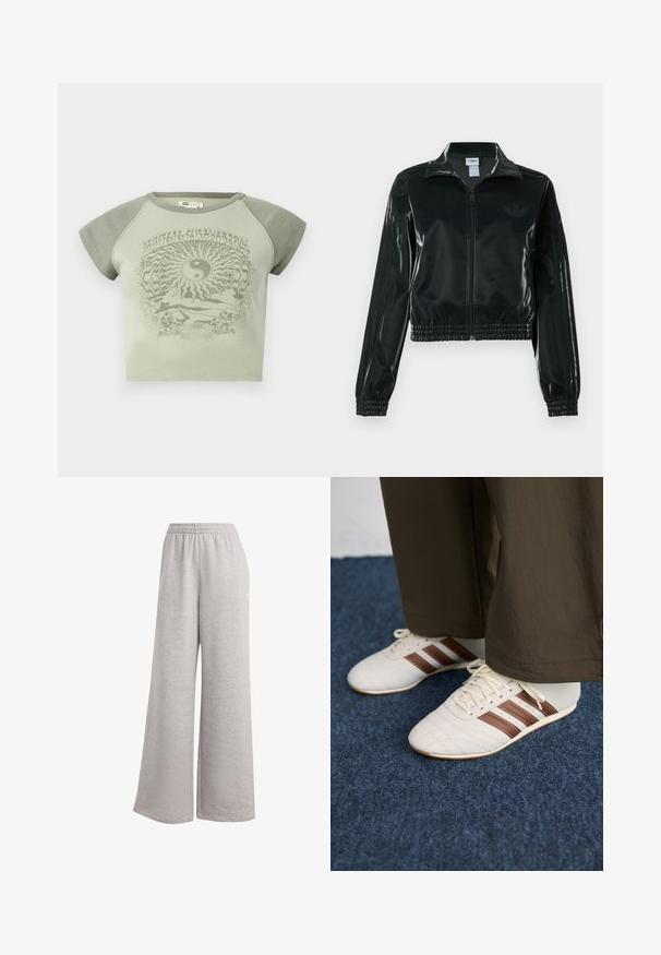 Sort, glinsende cropped jakke med lynlås foran, høj krave og elastisk kant. Har tre striber på ærmerne og et lille logo på brystet.; Grøn bomuld t-shirt med korte ærmer, prydet med et yin-yang grafik og naturmotiver i en kontrasterende mørkere grøn nuance.; Lys grå sweatsbukser med en løs pasform, elastisk talje og blød tekstur. Har subtil branding på den ene side. Casual design.; Hvide sneakers med brune striber, iført brune bukser på et blåt tæppe.