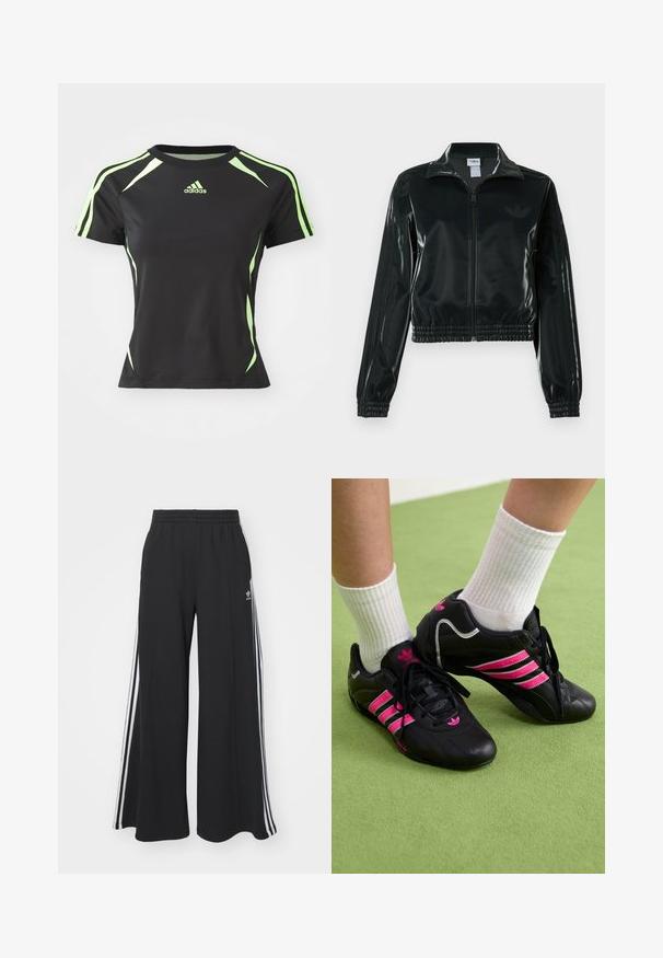 Fekete, fényes rövidített dzseki cipzárral az elején, magas gallérral és elasztikus szegéllyel. Három csík díszíti az ujjakat, és kis logó található a mellrészen.; Fekete sportpóló rövid ujjakkal, zöld díszítéssel a vállak és az oldalak mentén, sima, rugalmas anyagból készült.; Fekete, bő szárú melegítőnadrág, rugalmas derékkal, fehér oldalsávokkal és hímzett logóval a bal combon.; Fekete sportcipők három rózsaszín csíkkal, texturált bőrfelsővel, fekete cipőfűzőkkel és logó részlettel, fehér bordás zoknikkal párosítva zöld felületen.