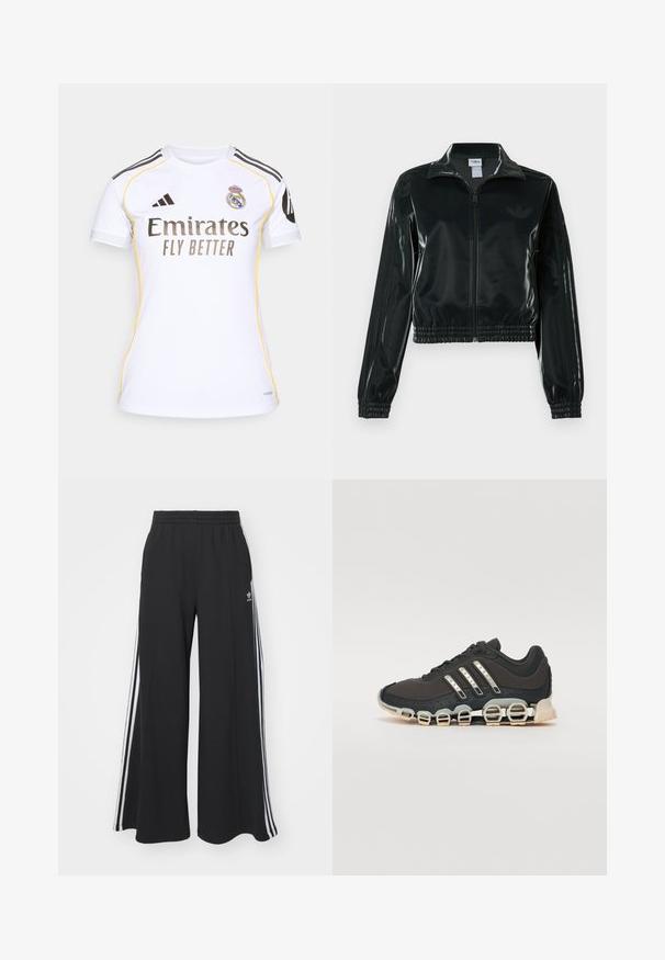 Casaco curto preto brilhante com fecho de correr frontal, gola alta e bainha elástica. Apresenta três riscas nas mangas e um pequeno logotipo no peito.; Camisola branca de manga curta com detalhes pretos, terminações amarelas e o logo "Emirates Fly Better". Apresenta o emblema do Real Madrid no canto superior esquerdo.; Calças de suor largas e pretas com uma cintura elástica, apresentando riscas brancas nas laterais e um logótipo bordado na coxa esquerda.; Shoe desportivo preto com um upper texturizado, três riscas prateadas e uma sola de amortecimento distinta, apresentando múltiplas secções integradas.