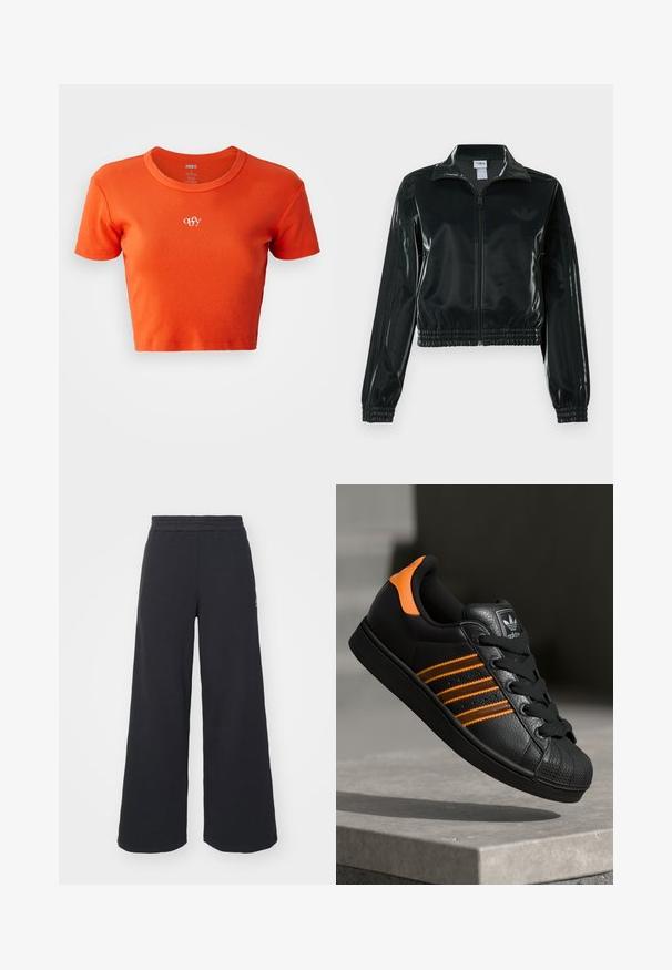 Jachetă neagră lucioasă, scurtă, cu fermoar frontal, guler înalt și tiv elastic. Are trei dungi pe mâneci și un mic logo pe piept.; Tricou scurt portocaliu, realizat din material ribat, cu guler rotund și un mic logo alb "obey" brodat pe piept.; Pantaloni de trening negri, cu picioare largi, confecționați dintr-un material moale, având un talie elastică și un logo mic pe partea stângă.; Adidași negri cu accente portocalii, trei dungi orizontale, parte superioară din piele texturată, capac de cauciuc pentru vârf și șireturi negre.