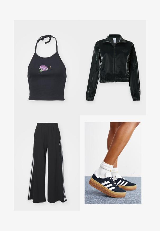 Juoda blizgi trumpa striukė su užtrauktuku priekyje, aukštu apykakliu ir elastine apačia. Rankovėse trys dryžiai ir mažas logotipas ant krūtinės.; Juodas halterio tipo viršus, pagamintas iš minkštos medvilnės, su išsiuvinėta rožine rože ir žaliosiomis lapelėmis. Turi raištelių dirželį ir prigludusį dizainą.; Juodos plačios kojų džinsinės kelnės su elastingu juosmeniu, turinčios baltas šonines juosteles ir išsiuvinėtą logotipą kairiajame šlaunyje.; Juodi zomšiniai sportbačiai su baltais dryžiais ir akcentais, apvalios nosies, guminio, gumos pado, derinami su baltais raitytais vidutinio ilgio kojinaitėmis.