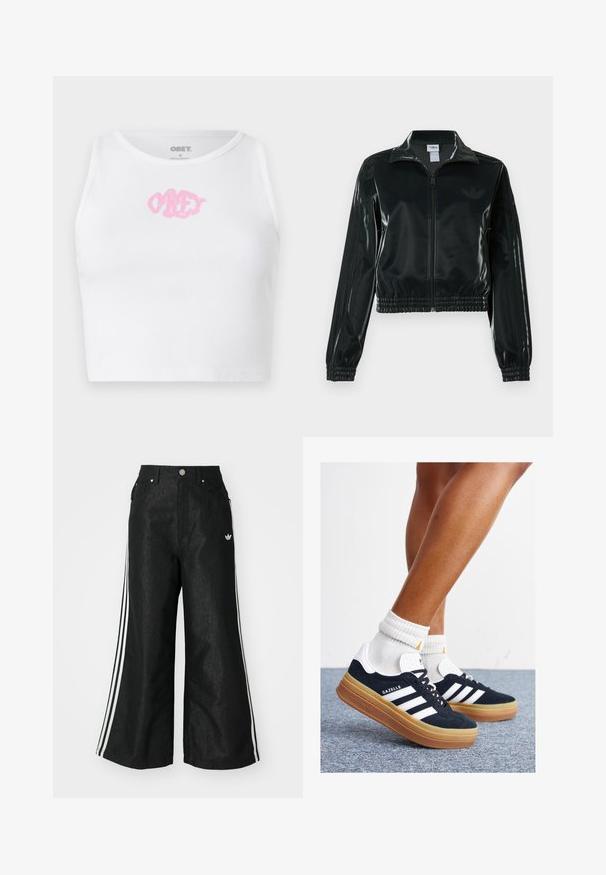 Črno, sijočo kratko jakno z zadrgo spredaj, visokim ovratnikom in elastičnim spodnjim robom. Na rokavih so tri črte, na prsih pa majhen logotip.; Bela rebrasta kratka majica s poudarjenim roza logotipom "OBEY" na sredini. Zasnovana z okroglim izrezom in brez rokavov.; Črne široke jeans hlače z dvema belima črtama na vsaki strani in majhnim belim logotipom. Imajo sprednje žepke in zapiranje na gumb.; Črni antilop superge z belimi črtami in poudarki, okrogel prst, gumijasti podplat, kombinirane z belimi rebrastimi nogavicami.