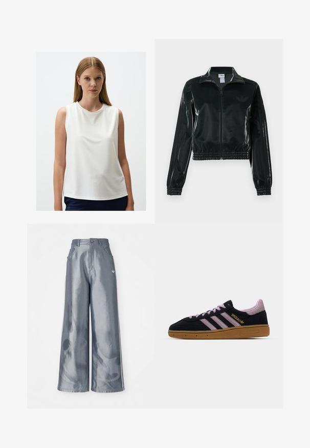 Black glossy cropped jacket with a zip front, high collar, and elasticized hem. Features three stripes on sleeves and a small logo on the chest.; Sleeveless white top in soft fabric with a round neckline, smooth texture, relaxed fit, and a slightly curved hem.; Wide-leg pants in shiny gray material, featuring white side stripes and a flame pattern on the lower legs. Button and zipper closure at the waist.; Black and pink suede sneaker with rubber sole, three pink stripes, golden "SPEZIAL" branding, and textured gum sole. Low-top design.