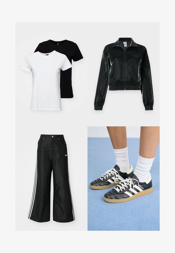 Fekete, fényes rövidített dzseki cipzárral az elején, magas gallérral és elasztikus szegéllyel. Három csík díszíti az ujjakat, és kis logó található a mellrészen.; Két rövid ujjú póló: az egyik fehér, a másik fekete. Pamutból készült, klasszikus kerek nyakú dizájnnal és sima tapintással.; Fekete, bő szárú farmernadrág, mindkét oldalon három fehér csík díszítéssel és egy kis fehér logóval. Elölzsebekkel és gombos záródással rendelkezik.; Fekete bőr sportcipők fehér csíkokkal, kerek orral, fehér fűzővel és gumírozott talppal. Párnázott bokarész és márkajelzések emelik ki.