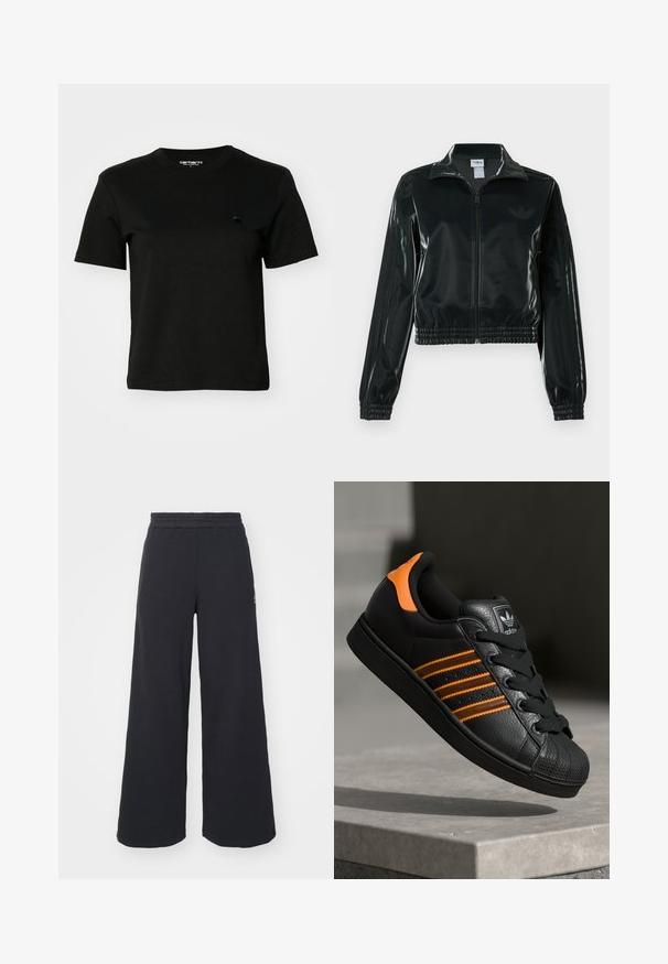Casaco curto preto brilhante com fecho de correr frontal, gola alta e bainha elástica. Apresenta três riscas nas mangas e um pequeno logotipo no peito.; T-shirt preta feita de algodão. Mangas curtas e decote redondo. Apresenta um pequeno logótipo escuro no lado esquerdo do peito. Design simples e clássico.; Calças de fato largas, pretas, feitas de tecido macio, com uma cintura elástica e um pequeno logótipo do lado esquerdo.; Sapatilha preta com detalhes laranja, três riscas horizontais, parte superior em couro texturizado, bico de borracha e atacadores pretos.