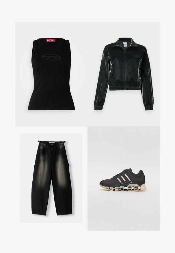 Schwarze glänzende, kurz geschnittene Jacke mit Reißverschluss vorne, hohem Kragen und elastischem Saum. Verfügt über drei Streifen an den Ärmeln und ein kleines Logo auf der Brust.; Schwarzes ärmelloses Tanktop aus weicher Baumwolle, mit einem dezenten geprägten Logo in der Mitte und einem roten Markenetikett im Ausschnitt.; Baggy schwarze Denim-Hose mit einem verwaschenen Textur, fünf Taschen und einer Schlaufe am Taillenbund. Das Design zeichnet sich durch eine lockere Passform und gerade Beine aus.; Schwarzer Sportschuh mit einer strukturierten Oberseite, drei silbernen Streifen und einer markanten Dämpfungssohle mit mehreren integrierten Sektionen.
