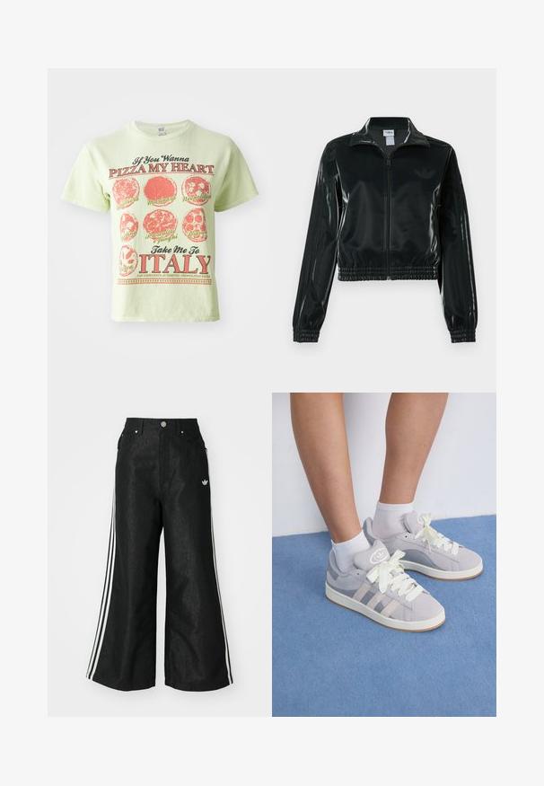 Casaco curto preto brilhante com fecho de correr frontal, gola alta e bainha elástica. Apresenta três riscas nas mangas e um pequeno logotipo no peito.; T-shirt de manga curta verde claro com gráficos de pizza vermelha e texto. Exibe vários tipos de pizza e o slogan "Leva-me a ITÁLIA". Material em algodão.; Calças de denim largas pretas com três riscas brancas em cada lado e um pequeno logótipo branco. Apresenta bolsos frontais e um fecho de botão.; Sapatilhas cinzas em camurça com atacadores brancos e sola de borracha, apresentando três riscas diagonais de um lado e um emblema na língua.