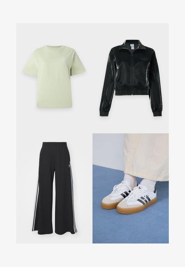 Black glossy cropped jacket with a zip front, high collar, and elasticized hem. Features three stripes on sleeves and a small logo on the chest.; Light green cotton t-shirt with a round neckline, short sleeves, and a circular graphic print on the chest. Soft texture, relaxed fit.; Black wide-leg sweatpants with an elastic waistband, featuring white side stripes and an embroidered logo on the left thigh.; White sneakers with black stripes and beige suede accents. Feature a textured gum sole and flat white laces, worn with light-colored socks.