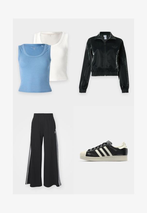Giacca nera lucida corta con zip frontale, colletto alto e orlo elasticizzato. Presenta tre strisce sulle maniche e un piccolo logo sul petto.; Due magliette smembrate: una azzurro chiaro e una bianca. Ognuna presenta un collo rotondo e una silhouette aderente, enfatizzando la texture del tessuto.; Pantaloni in felpa neri a gamba larga con vita elastica, dotati di strisce bianche sui lati e un logo ricamato sulla coscia sinistra.; Sneaker in pelle nera con strisce bianche, punta in gomma, lacci neri e suola di colore crema. Texture liscia con finitura brillante.