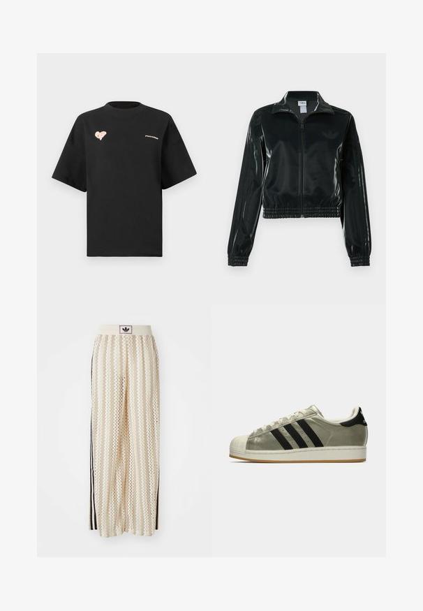 Czarna błyszcząca krótka kurtka na zamek błyskawiczny z przodu, z wysokim kołnierzem i elastycznym wykończeniem na dole. Na rękawach znajdują się trzy paski, a na piersi małe logo.; Czarna bawełniana koszulka z krótkim rękawem, okrągłym dekoltem, z różowym nadrukiem serca i napisem "PEGAADOR" z przodu.; Kremowe szerokie spodnie w stylu palazzo z wzorem w zygzak, z czarnym paskiem z logo oraz bocznymi czarnymi paskami. Lekki, teksturowany materiał.; Sneakers Adidas z metaliczną oliwkową cholewką, trzema czarnymi paskami, gumowym czubkiem i gumową podeszwą. Klasyczny design z teksturowanym materiałem.