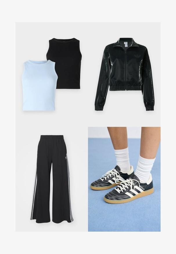 Črno, sijočo kratko jakno z zadrgo spredaj, visokim ovratnikom in elastičnim spodnjim robom. Na rokavih so tri črte, na prsih pa majhen logotip.; Dve brezrokavne majice: ena svetlo modra, druga črna. Obe sta iz rebrastega blaga z okroglim izrezom. Oblika je oprijeta, brez vidnih vzorcev ali dodatkov.; Črne široke trenirke z elastičnim pasom, ki imajo bele stranske proge in vezeno logo na levi stegna.; Črne usnjene superge z belimi črtami, okroglo konico, belimi vezalkami in gumijastim podplatom. Poudarjene z oblazinjenim ovratnikom in detajli blagovne znamke.