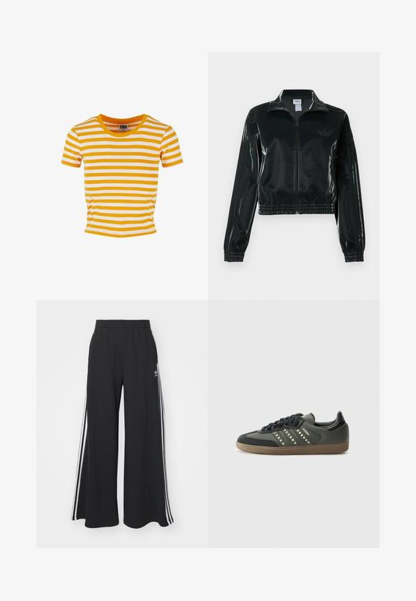 Črno, sijočo kratko jakno z zadrgo spredaj, visokim ovratnikom in elastičnim spodnjim robom. Na rokavih so tri črte, na prsih pa majhen logotip.; Rumena in bela črtasta majica s kratkimi rokavi, okroglim izrezi in prilegajočim krojem, izdelana iz mehkega, lahkega materiala.; Črne široke trenirke z elastičnim pasom, ki imajo bele stranske proge in vezeno logo na levi stegna.; adidas Originals SAMBA OG - Športni copati - core black/legend earth/gum