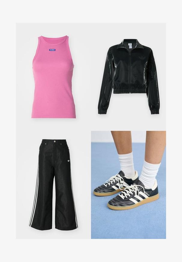 Jachetă neagră lucioasă, scurtă, cu fermoar frontal, guler înalt și tiv elastic. Are trei dungi pe mâneci și un mic logo pe piept.; HUGO EASY TANK - Top - medium pink; Pantaloni din denim negri, cu croi evazat, având trei dungi albastre pe fiecare parte și un mic logo alb. Dispune de buzunare frontale și închidere cu buton.; Adidași din piele neagră cu dungi albe, vârful rotund, șireturi albe și talpă din cauciuc natural. Accentuați de un guler căptușit și detalii de brand.