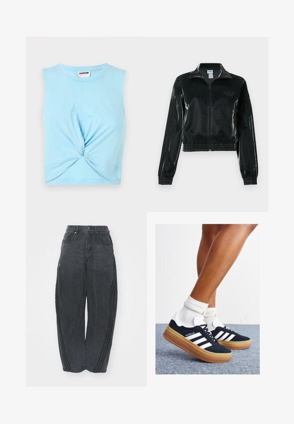 Sort blank cropped jakke med glidelås foran, høy krage og elastisk nederkant. Har tre striper på ermene og en liten logo på brystet.; Lys blå ermeløs crop topp laget av myk bomull, med en vridning detalj foran og rund hals.; Baggy svarte denimjeans med en falmet finish, fem lommer, belteknapplukking og sømdetaljer på forsiden og sidene.; Svarte sneakers i semsket skinn med hvite striper og detaljer, rund tå, yttersåle i gummigummi, kombinert med hvite ribbestrikkede crew-sokker.