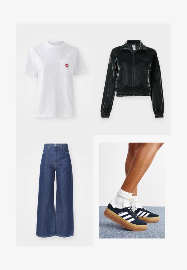Black glossy cropped jacket with a zip front, high collar, and elasticized hem. Features three stripes on sleeves and a small logo on the chest.; White short-sleeve t-shirt made of cotton, featuring a small red heart-shaped pocket design with "Carhartt WIP" text. Smooth texture.; Wide-leg jeans made of dark blue denim. High-waisted design with a zip fly and button closure. Features classic five-pocket styling and hemmed edges.; Black suede sneakers with white stripes and accents, rounded toe, gum rubber outsole, paired with white ribbed crew socks.