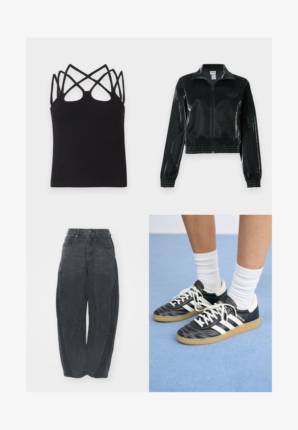 Juoda blizgi trumpa striukė su užtrauktuku priekyje, aukštu apykakliu ir elastine apačia. Rankovėse trys dryžiai ir mažas logotipas ant krūtinės.; Juoda ribuota tankio tipo palaidinė, pabrėžianti formą, su keliomis susikertančiomis petnešėlėmis ir atvira nugaros dalimi. Lygi tekstūra, apvali iškirptė.; Palaidi juodi džinsai su išblukusiu paviršiumi, penkios kišenės, užsegimas liemeniui mygtuku ir siuvinėtos detalės priekyje bei šonuose.; Juodos odinės sportbačiai su baltais dryžiais, apvalia nosimi, baltais raišteliais ir guminiu padu. Pabrėžti paminkštinta apykakle ir prekių ženklų detalėmis.