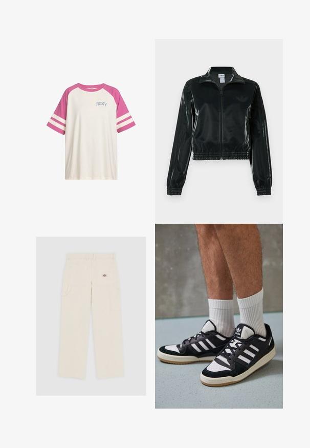 Black glossy cropped jacket with a zip front, high collar, and elasticized hem. Features three stripes on sleeves and a small logo on the chest.; Short-sleeve white T-shirt with pink raglan sleeves, two white stripes on each sleeve, and "ROXY" printed on the chest in blue.; Light beige cargo pants made of cotton, featuring a straight cut, multiple pockets, and a small brand logo on the back pocket.; Black and white sneakers with a suede and leather upper, featuring three white stripes, a perforated toe, and a gum rubber sole.